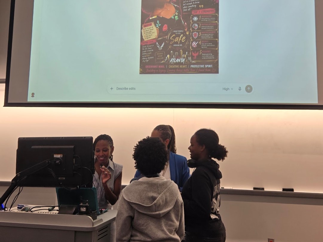 Students reviewing their AI-generated personal profile posters