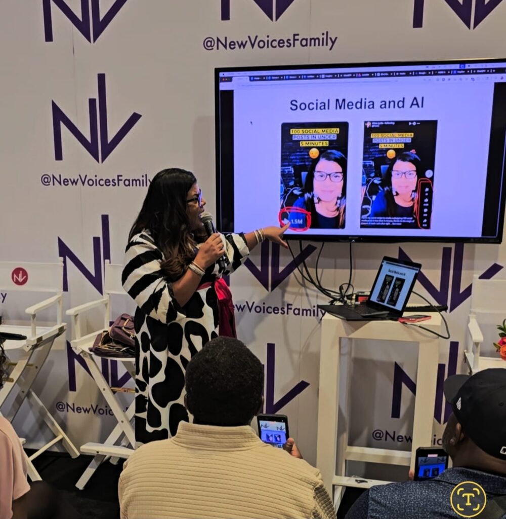 Alicia Lyttle presents a live example of social media content creation during one of her AI workshops for entrepreneurs, showing how to generate 100 posts using AI.