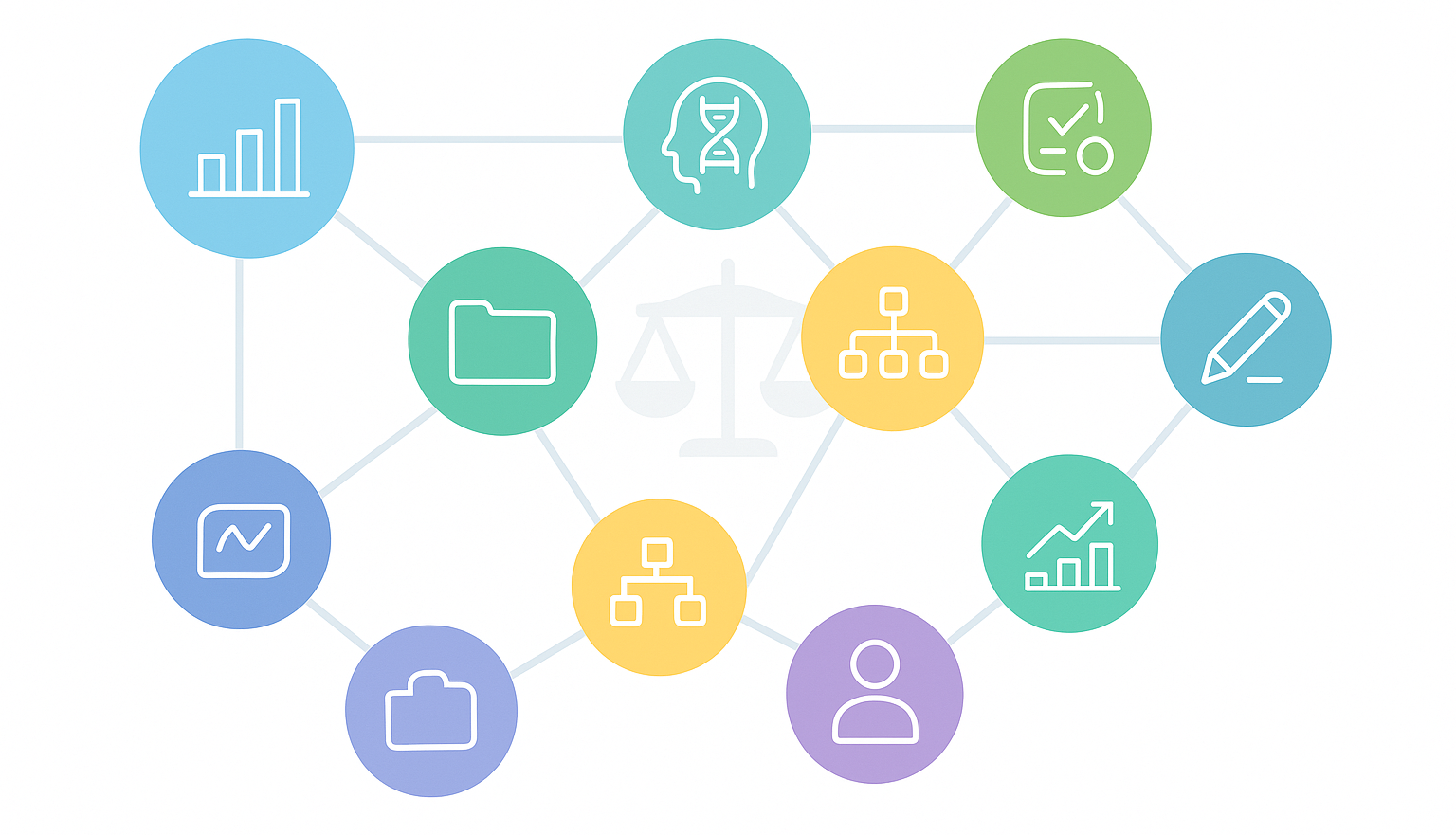 Visual network of business data icons connected by Knowledge Graphs and LLMs.