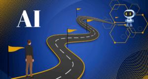 AI Implementation Roadmap visual showing a person walking a winding path toward a robot, symbolizing strategic AI adoption
