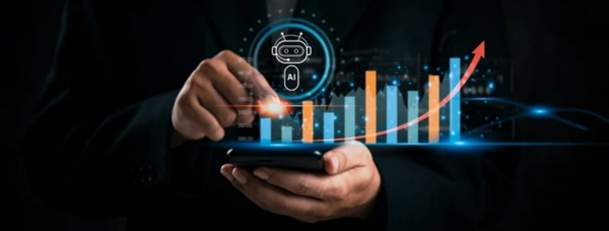 Smartphone with AI overlay and growth chart representing AI consulting for small businesses