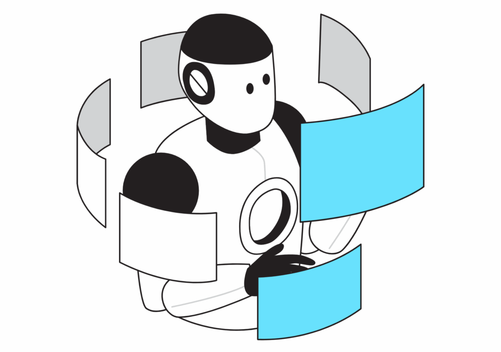 Humanoid AI agent interacting with digital interfaces, representing role-based workflow integration