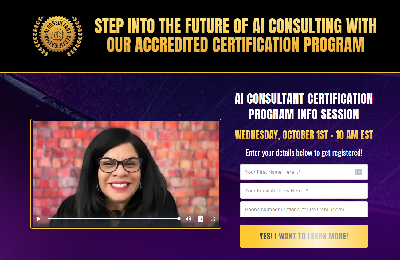 Promotional webpage for AI Consultant Certification Program, featuring session details and signup form for professionals exploring AI consulting for businesses.