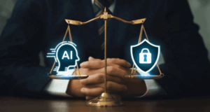 A person in a suit sits behind a golden balance scale, weighing AI technology against data privacy.