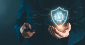 Thumbnail image showing a man standing with open hands facing a floating AI icon with a shield, representing AI Risk Governance and protection in AI decision-making.