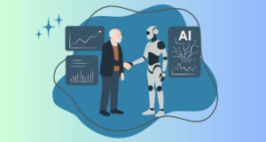 Human and robot shaking hands, symbolizing AI augmentation and collaborative intelligence.