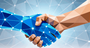 Stylized handshake between a human and an AI hand, symbolizing collaboration and trust in AI for nonprofits.