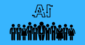 Illustration of diverse professionals beneath circuit-themed AI graphic, symbolizing leadership in AI Transformation