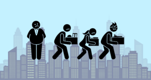 Illustration of corporate layoffs amid AI Workforce Transformation, showing workers leaving with personal items