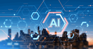 AI icon hovering over city buildings with technology icons representing scaling AI agents across enterprises